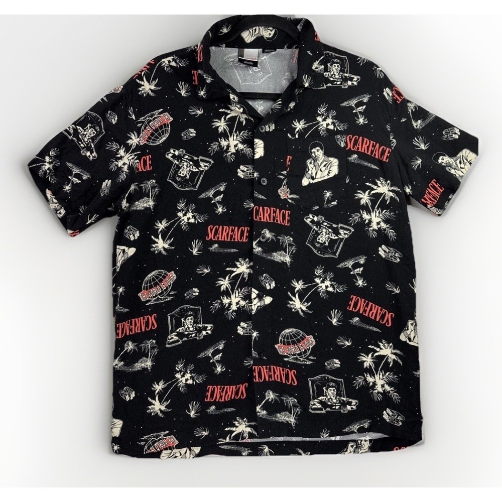 Scarface Tony Montana All Over Print Black Button Up Hawaiian Shirt Mens Medium